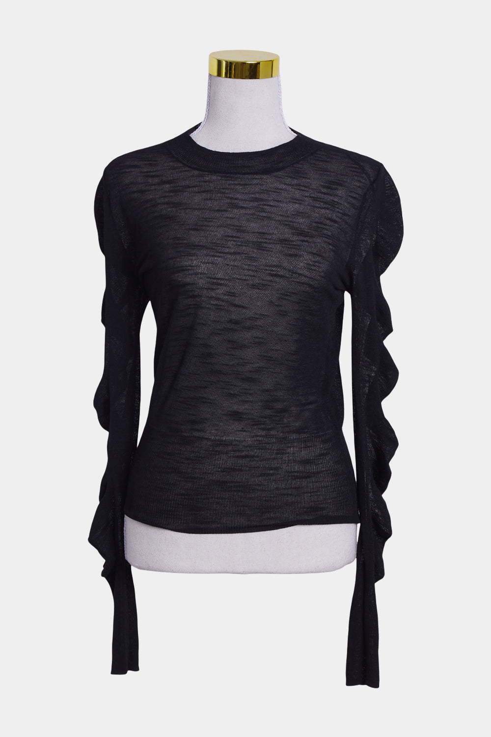 DECJUBA Black Sheer Gathered Sleeve Detail Long Sleeve Top