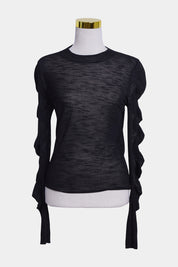 DECJUBA Black Sheer Gathered Sleeve Detail Long Sleeve Top
