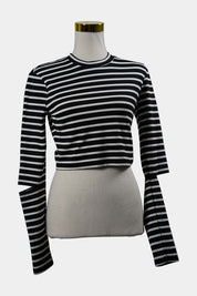 AUGUST Black, White Striped Long Sleeve Crop Top
