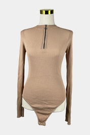 Pari Desai Beige Rib Knit Bodysuit