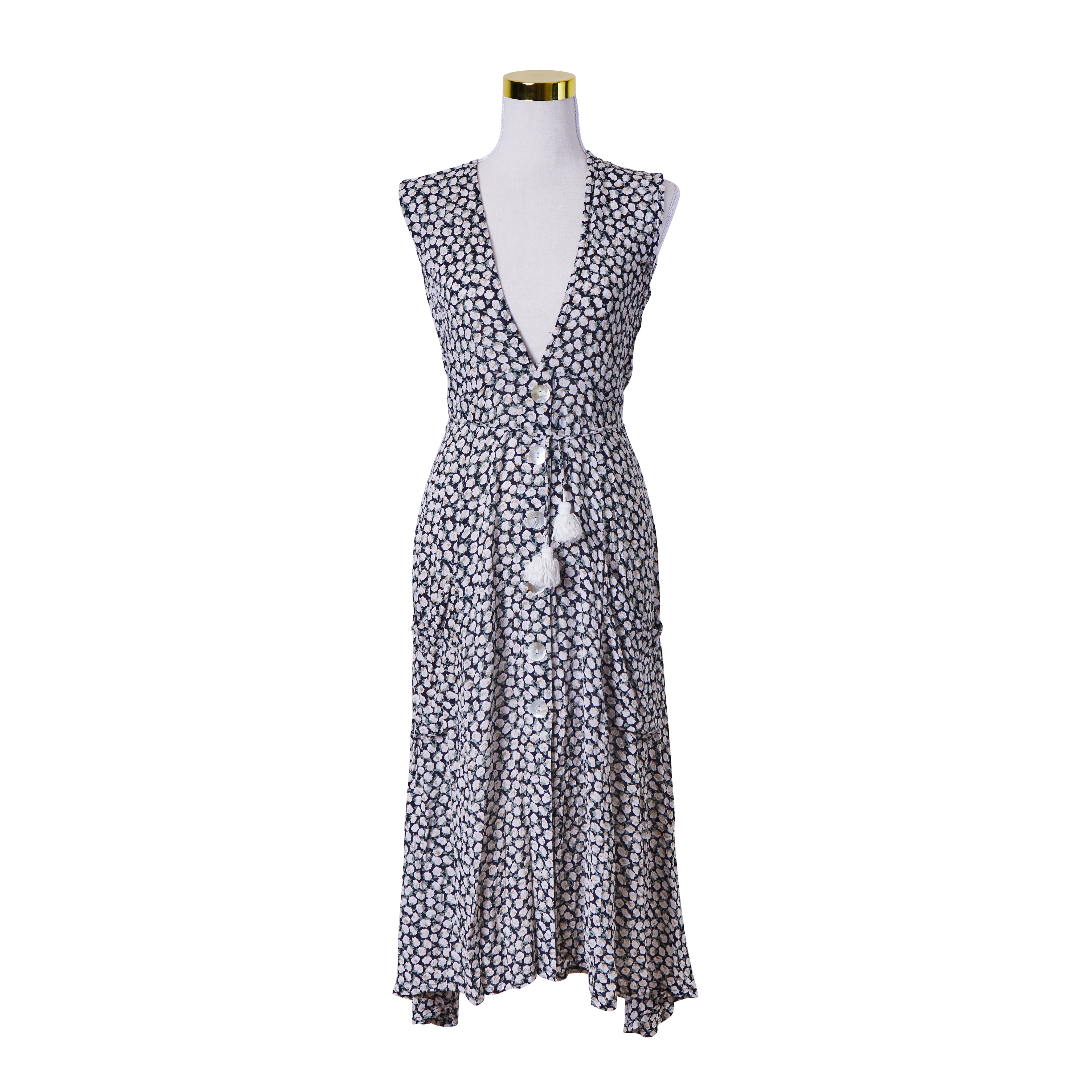 Faithfull The Brand Navy and White Floral Button Down Sleeveless Summer Dresrs