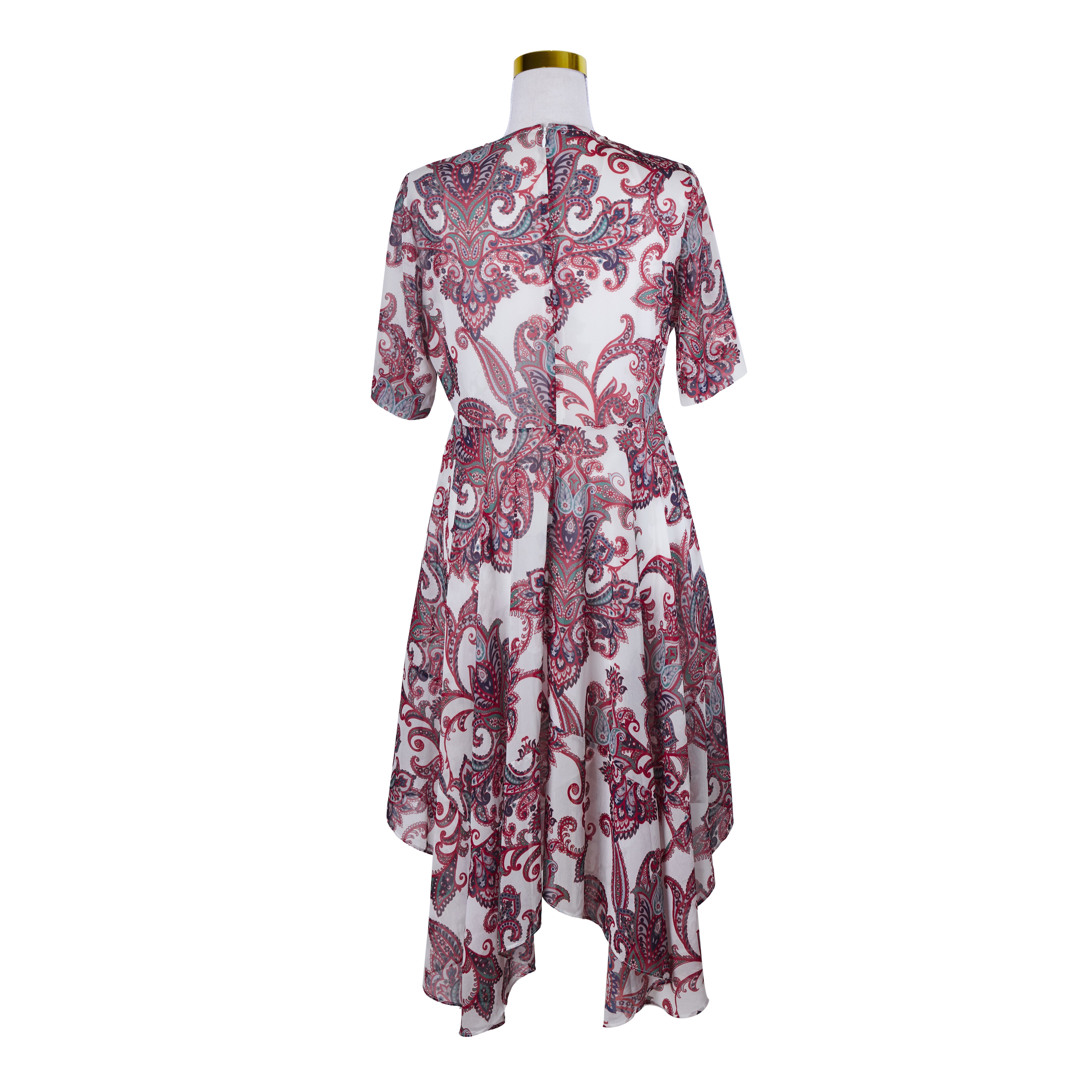 THURLEY Red, Whitie, Green, Blue Print Short Sleeve Sheer Dress with Built in Lining