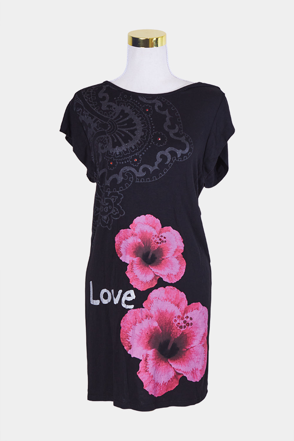 DESIGUAL Black and Pink Rhinestone Print Detail Midi Dress