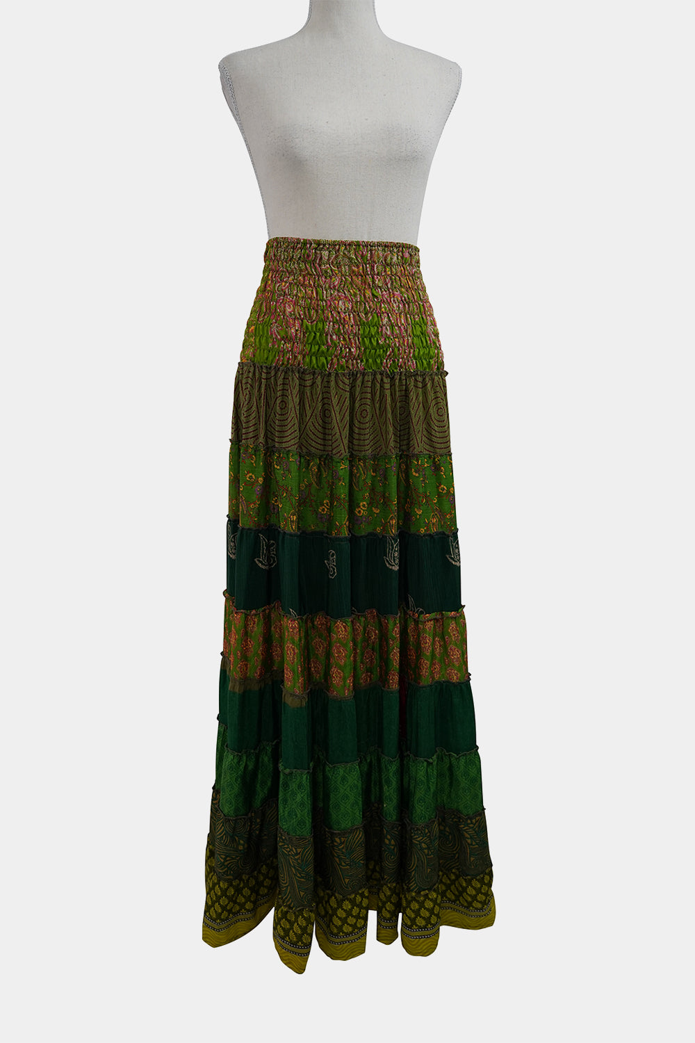 ISHKA Green Shirred Tier Maxi Skirt