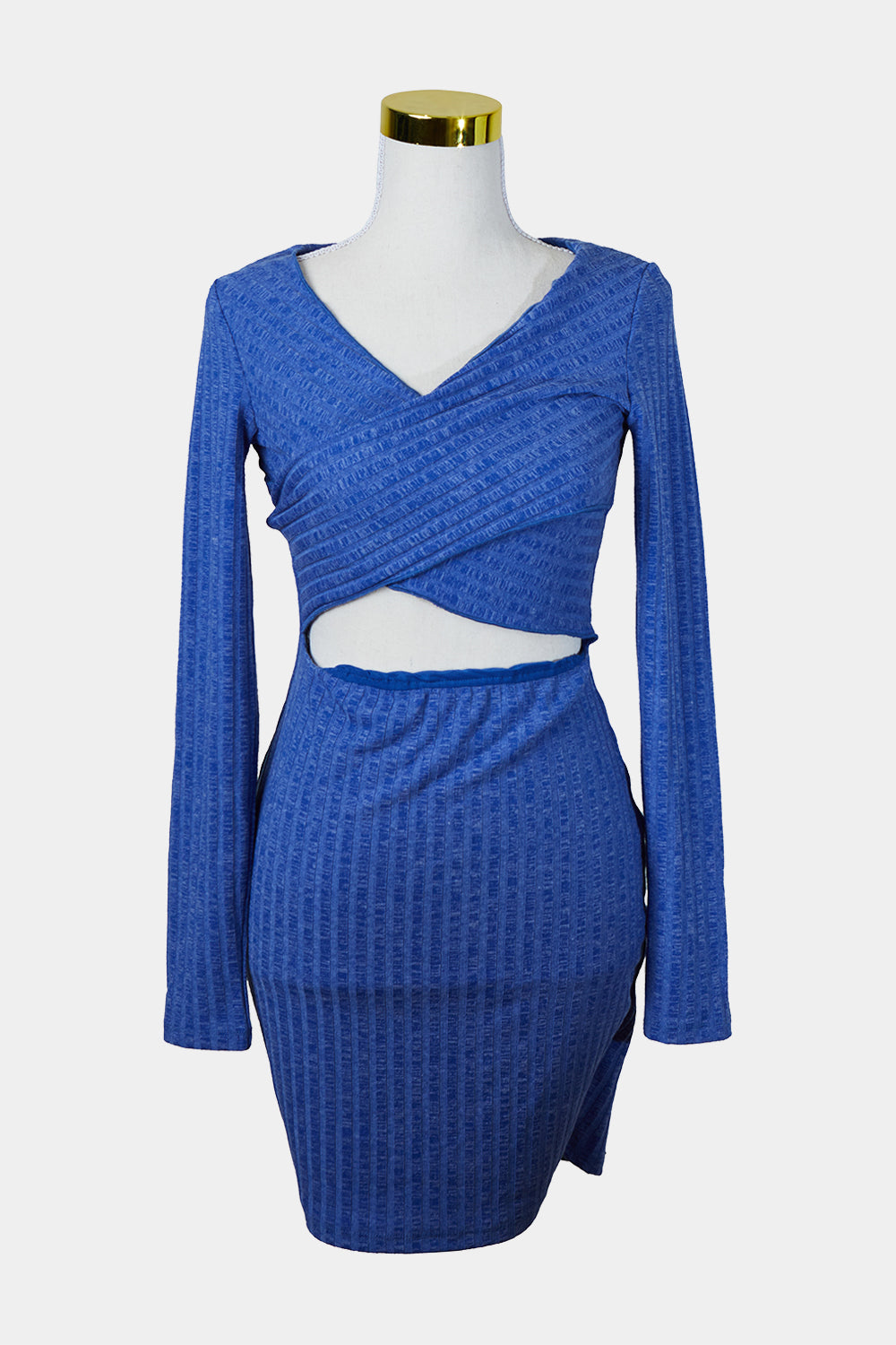 Alive Girl Blue Stretch Long Sleeve Cutout Dress