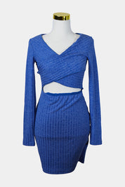 Alive Girl Blue Stretch Long Sleeve Cutout Dress