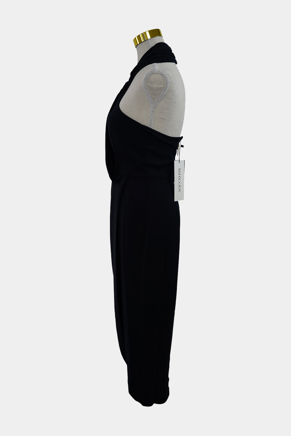 Shona Joy Navy Knot Halter Draped Dress