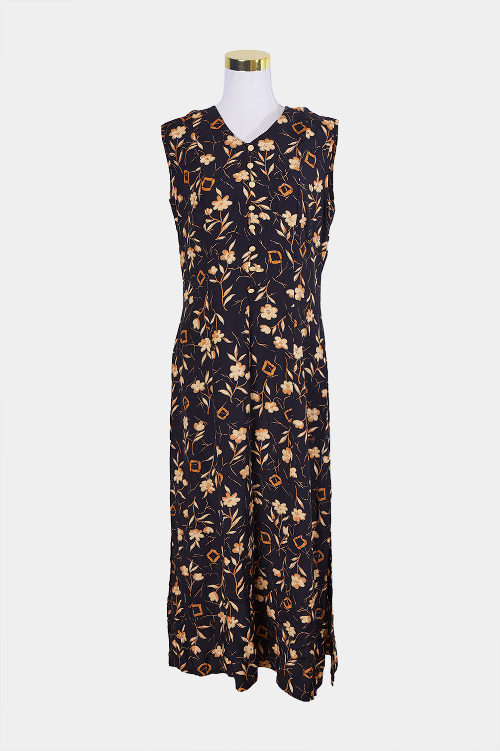 Eugen Klein Black and Yellow Floral V Neck Button Detail Dress