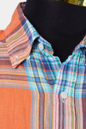Ralph Lauren Orange, Green, Blue Plaid Short Sleeve Linen Button Down Shirt