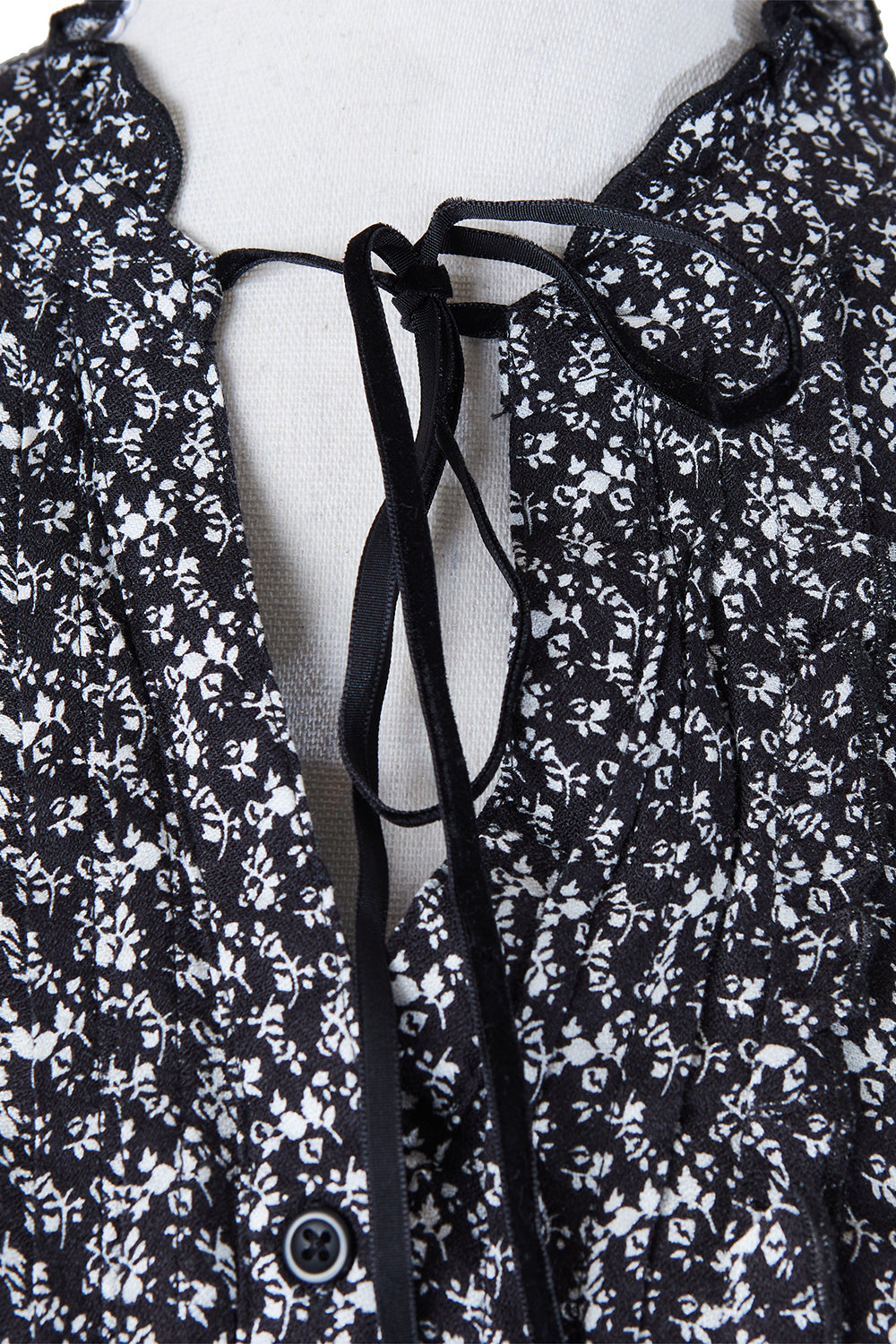 Blue Motion Black and White Floral Tie Neck Dress
