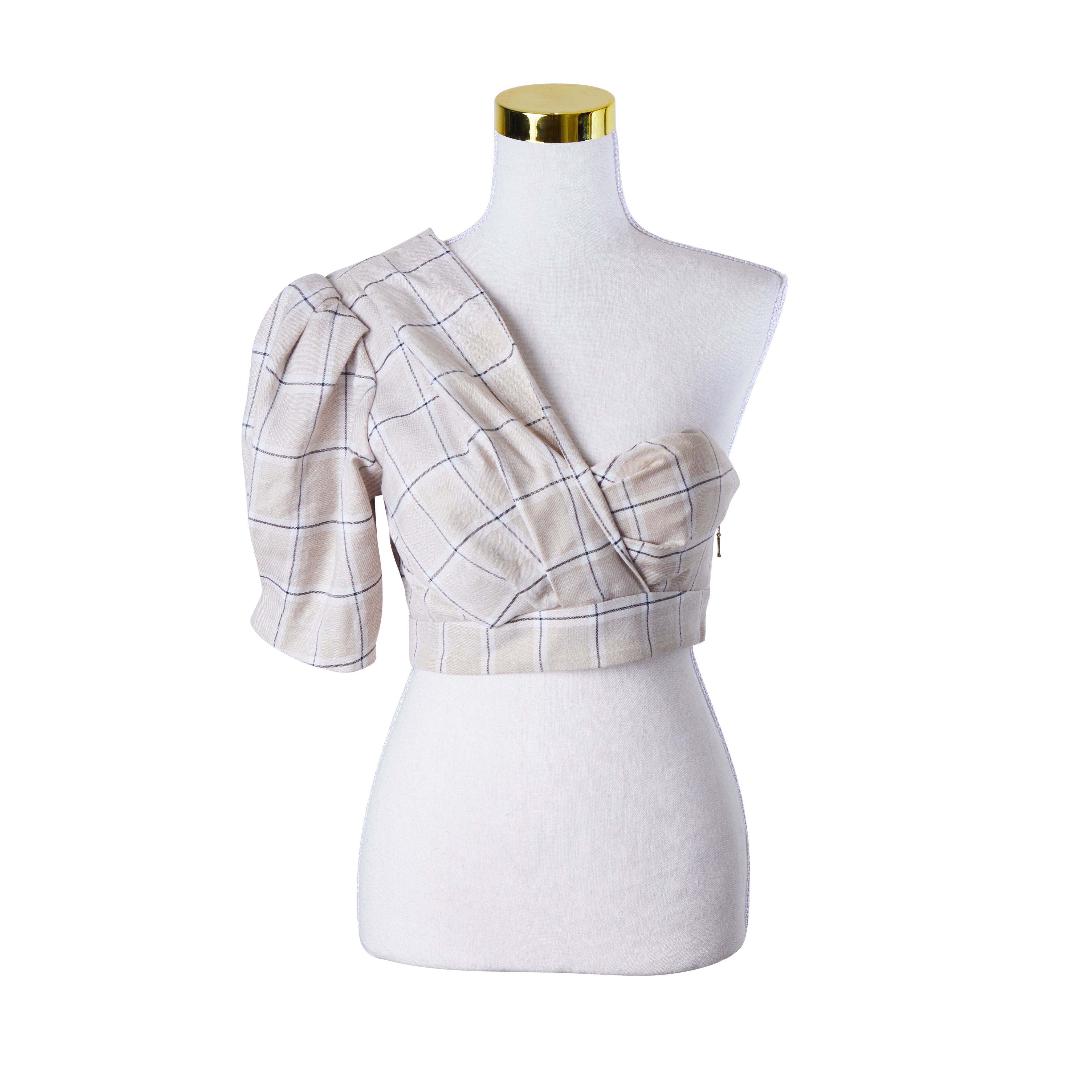 ACLER Beige Plaid One Shoulder Crop Top