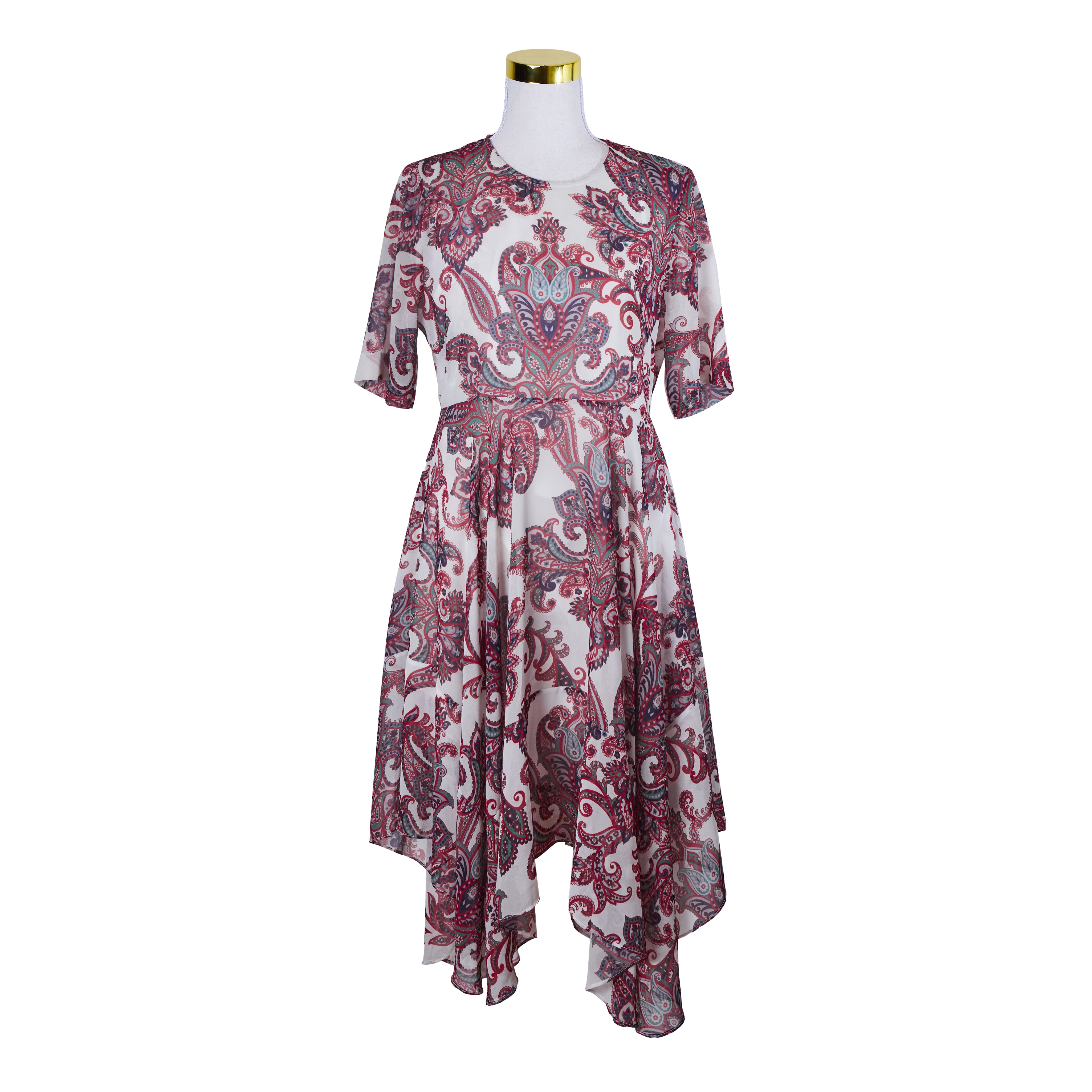 THURLEY Red, Whitie, Green, Blue Print Short Sleeve Sheer Dress with Built in Lining