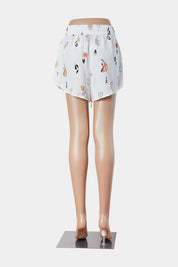 GINIA Off White, Brown Orange Print Drawstring Silk Shorts