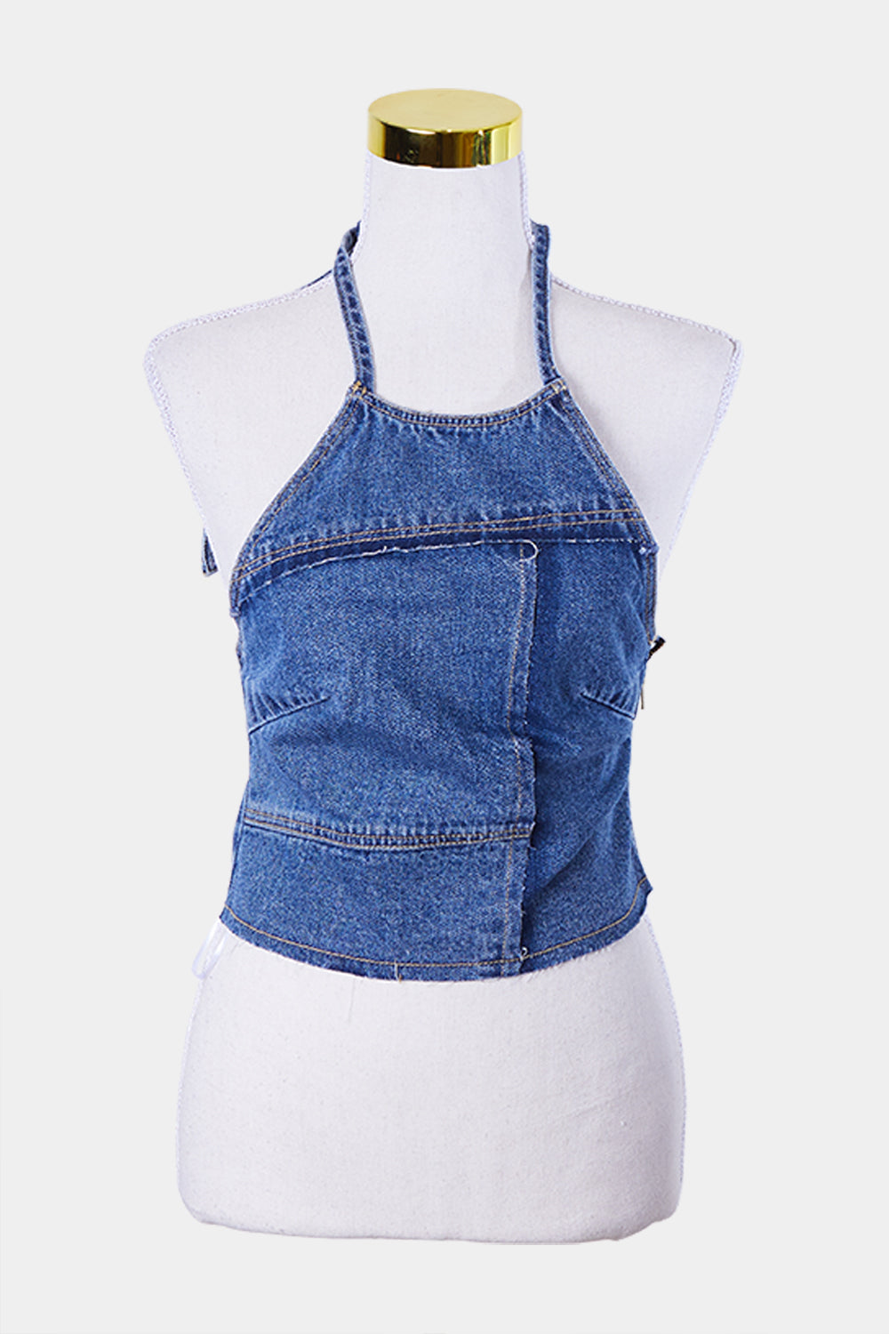 Abrand Jeans Blue Denim Patchwork Halter Crop Top