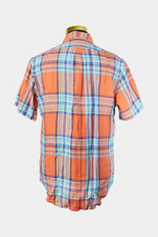 Ralph Lauren Orange, Green, Blue Plaid Short Sleeve Linen Button Down Shirt