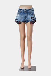 Pull And Bear Blue and Tartan Distressed Denim Shorts