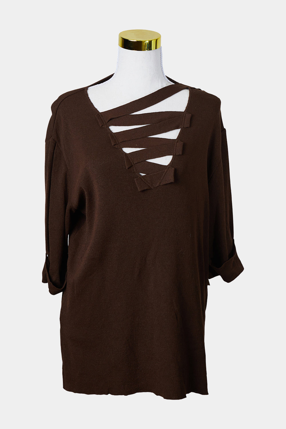 Lindy Rosenwax Brown Cross Front Knitted Top