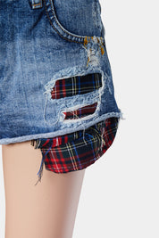 Pull And Bear Blue and Tartan Distressed Denim Shorts