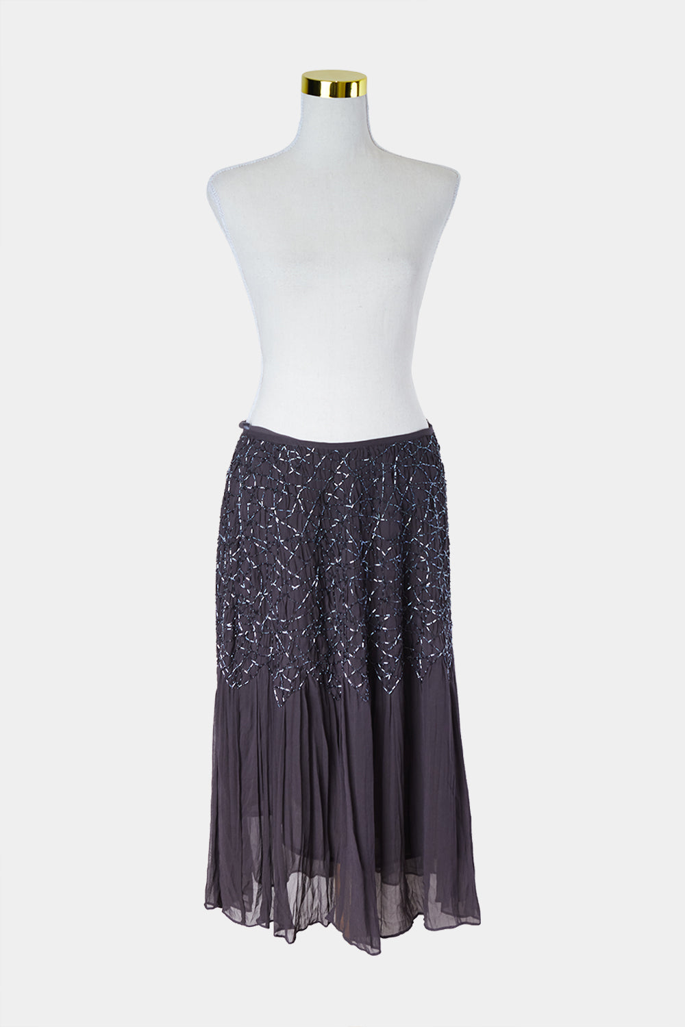 JACQUI-E Gunmental Bead Waist Silk Midi Skirt