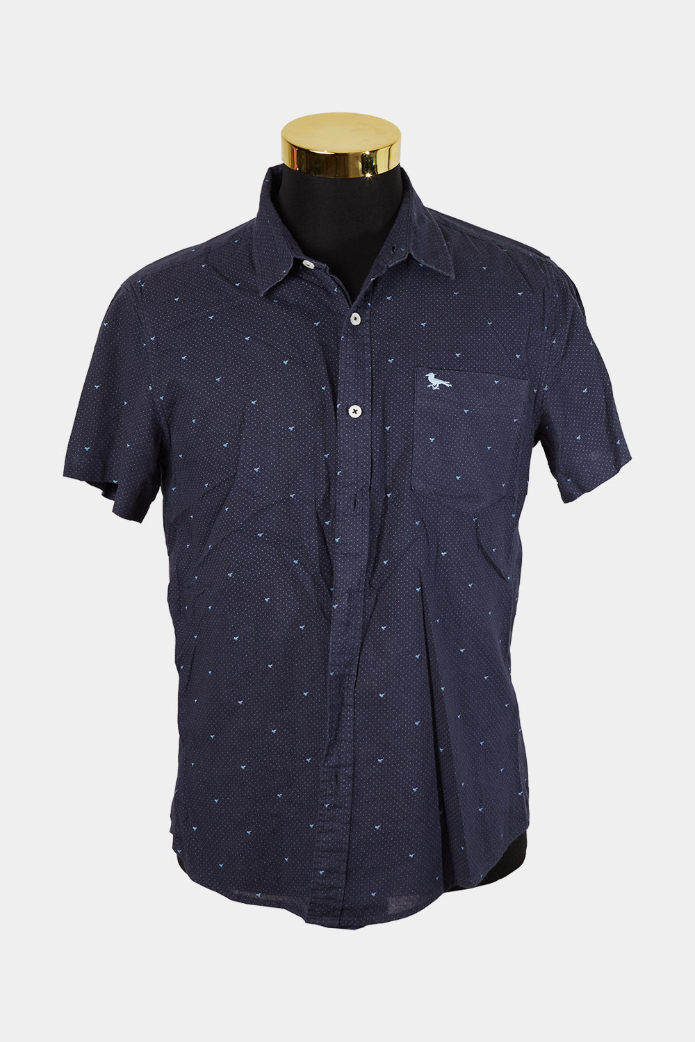 Modern Amusement Navy Bird Print Button Down Short Sleeve Shirt