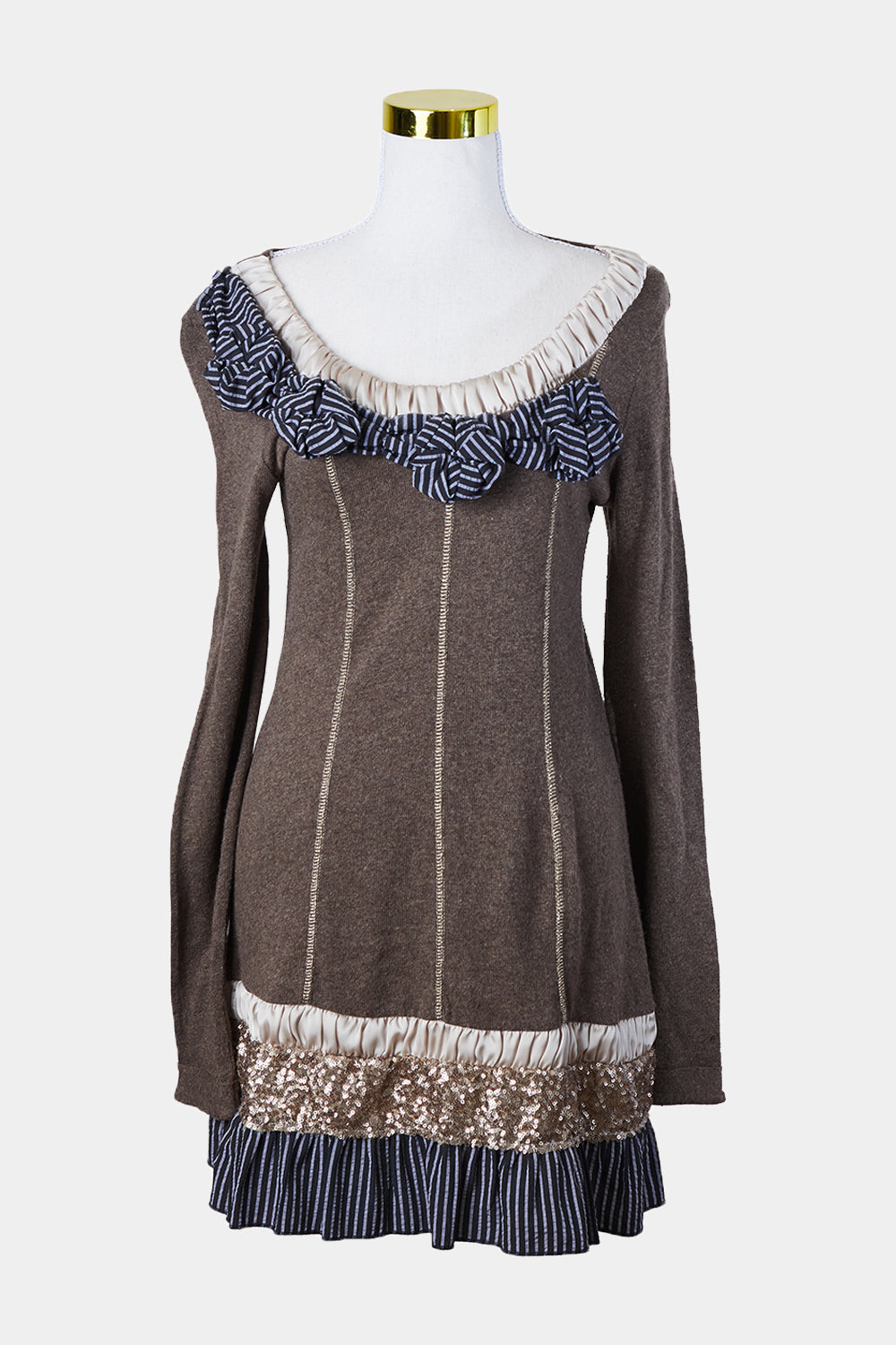 Dp Jeans Brown Knit Embellished Long Sleeve Mini Dress