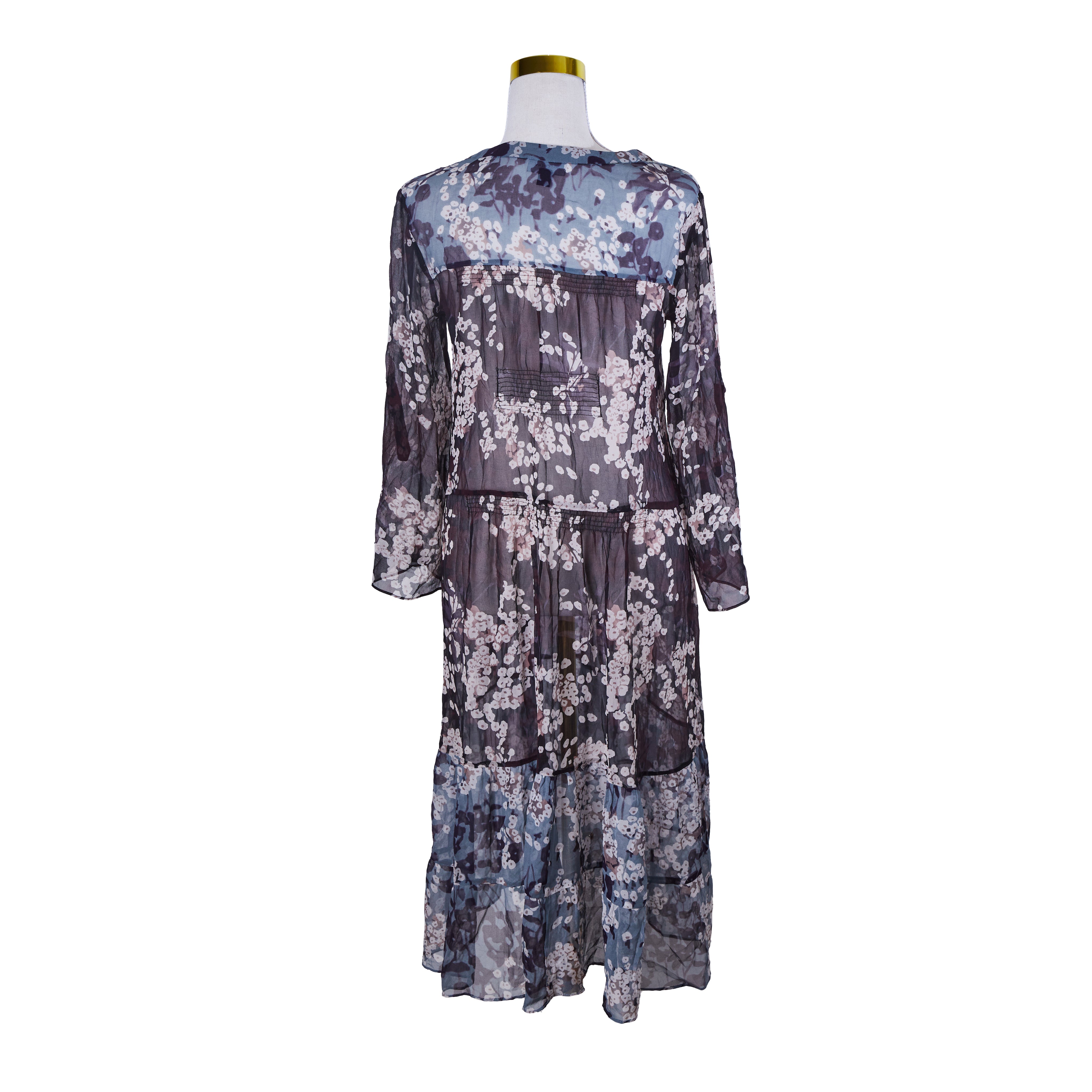 WITCHERY Burgundy, Blue and White Sheer Long Sleeve Smock Dress