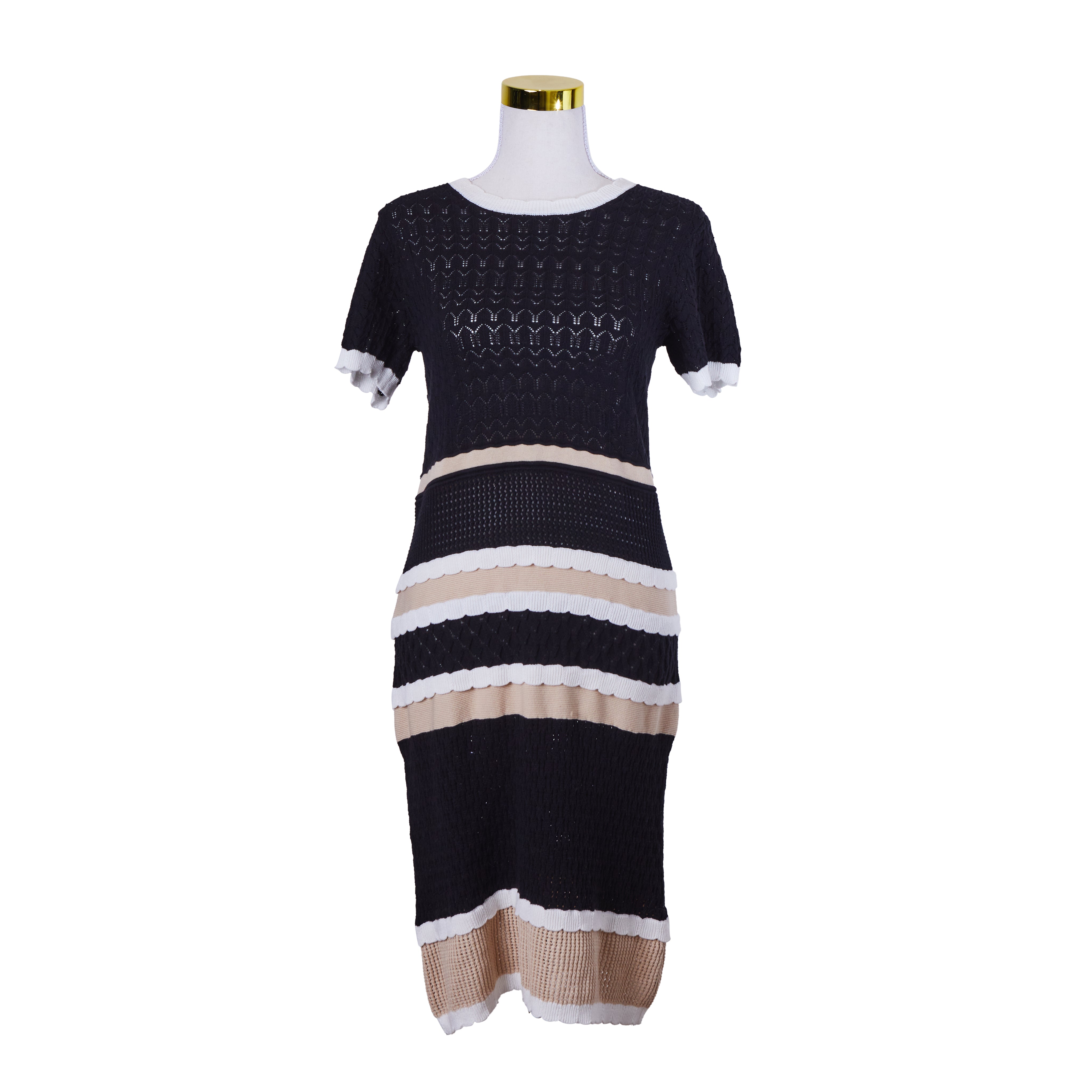 ALESSANDRA Black Beige and White Knit Short sleeve Dress