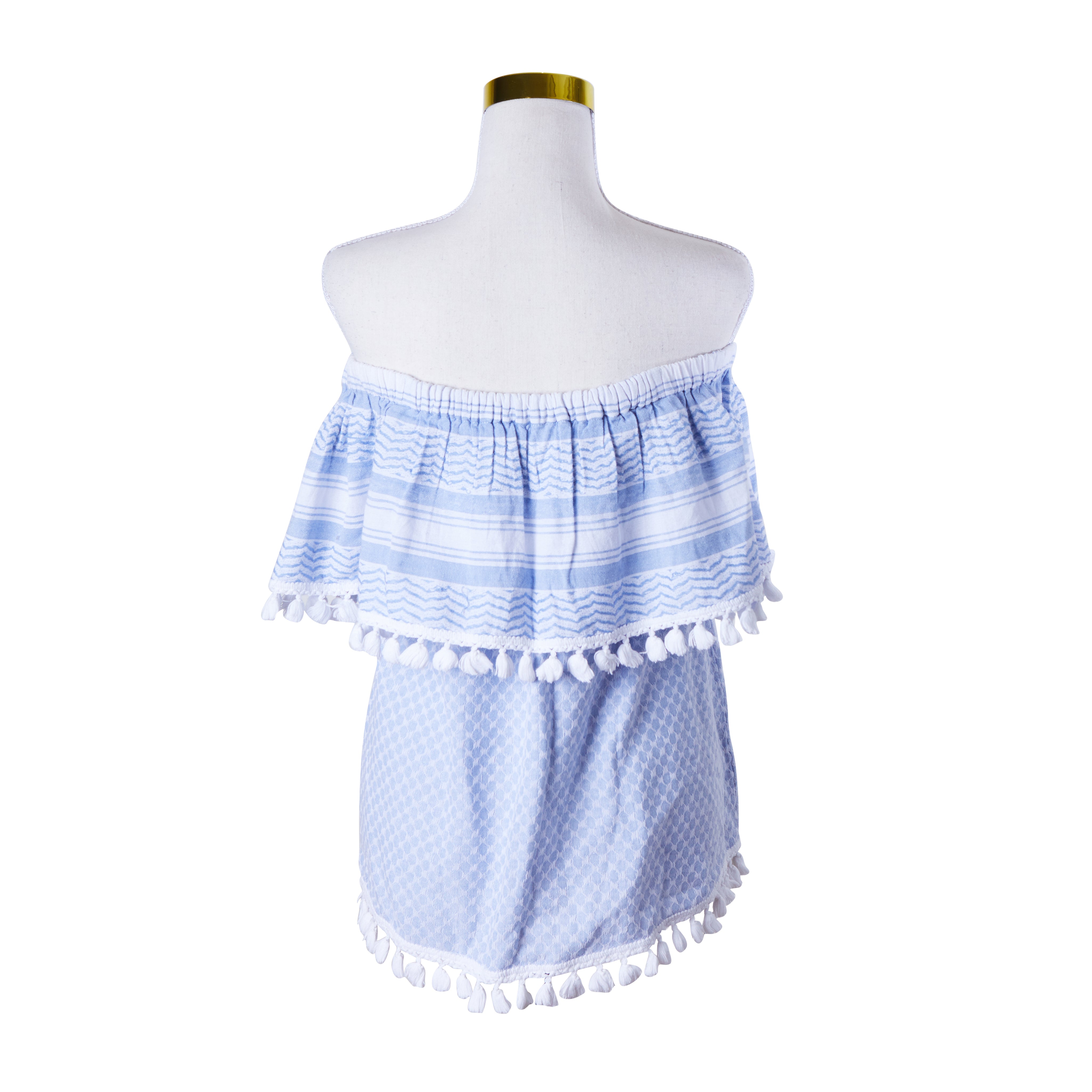 Seed Heritage Blue and White Off Shoulder Tassle Detail Top