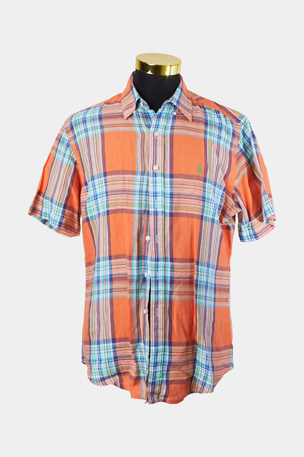 Ralph Lauren Orange, Green, Blue Plaid Short Sleeve Linen Button Down Shirt