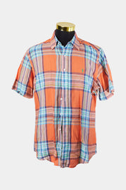 Ralph Lauren Orange, Green, Blue Plaid Short Sleeve Linen Button Down Shirt