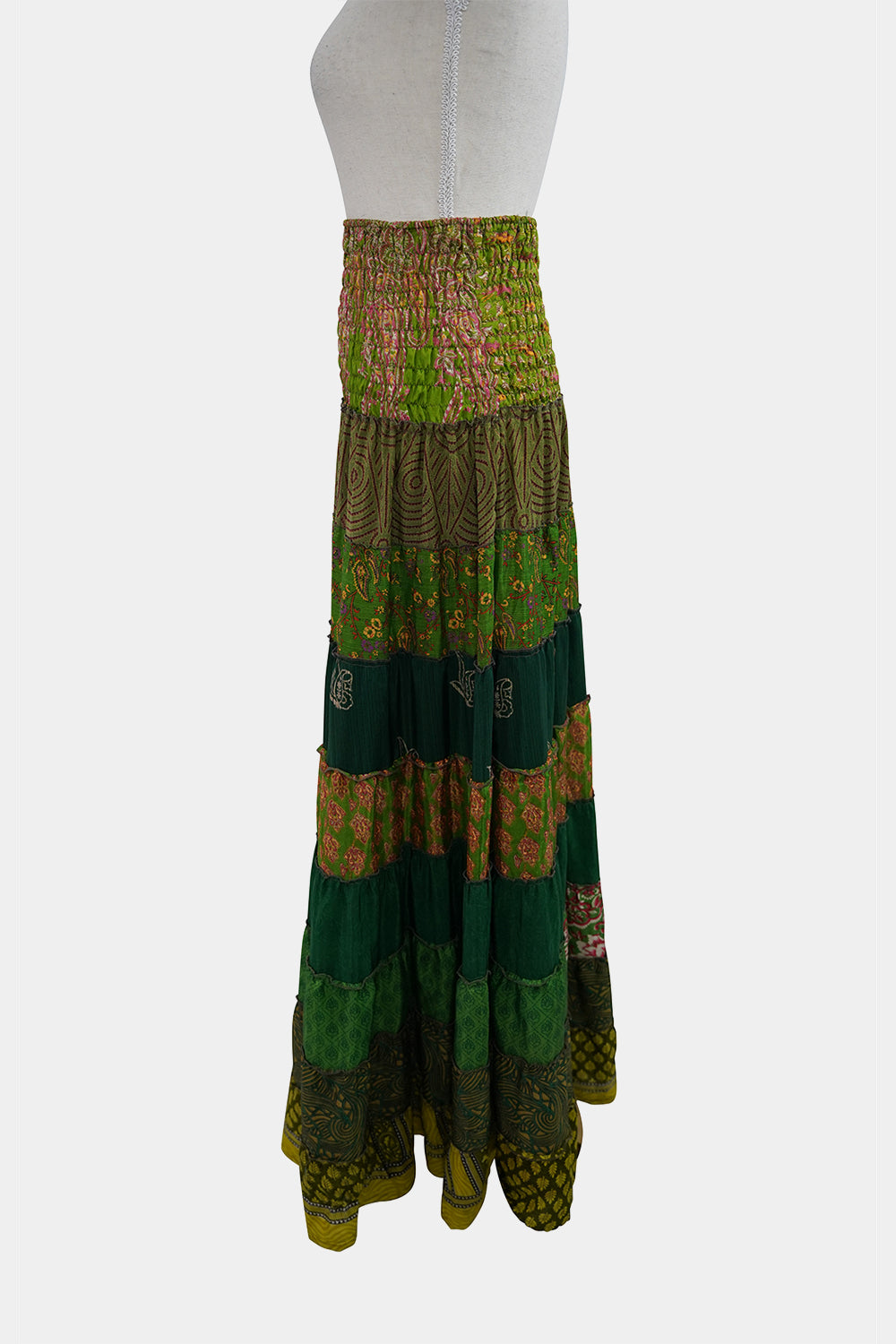ISHKA Green Shirred Tier Maxi Skirt