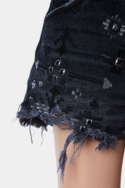 LEVI Black Studded Ebroidered Denim Shorts