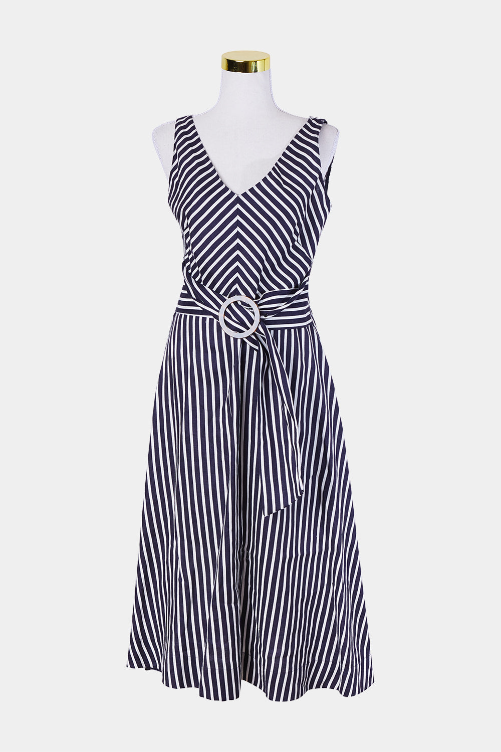 Veronika Maine Navy and White Stripe Ring Detail Linen Wrap Dress