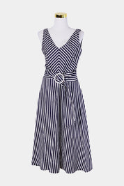 Veronika Maine Navy and White Stripe Ring Detail Linen Wrap Dress