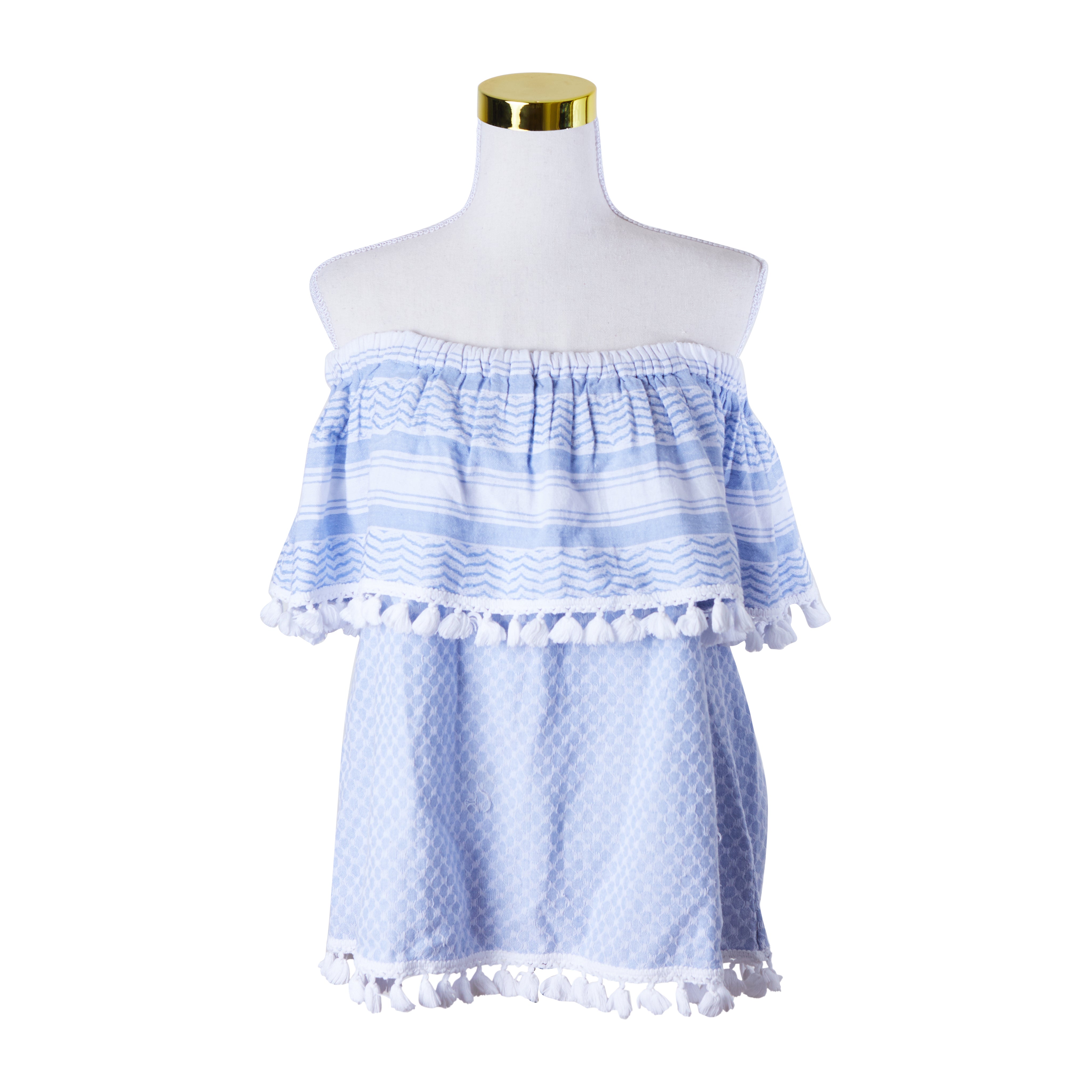 Seed Heritage Blue and White Off Shoulder Tassle Detail Top