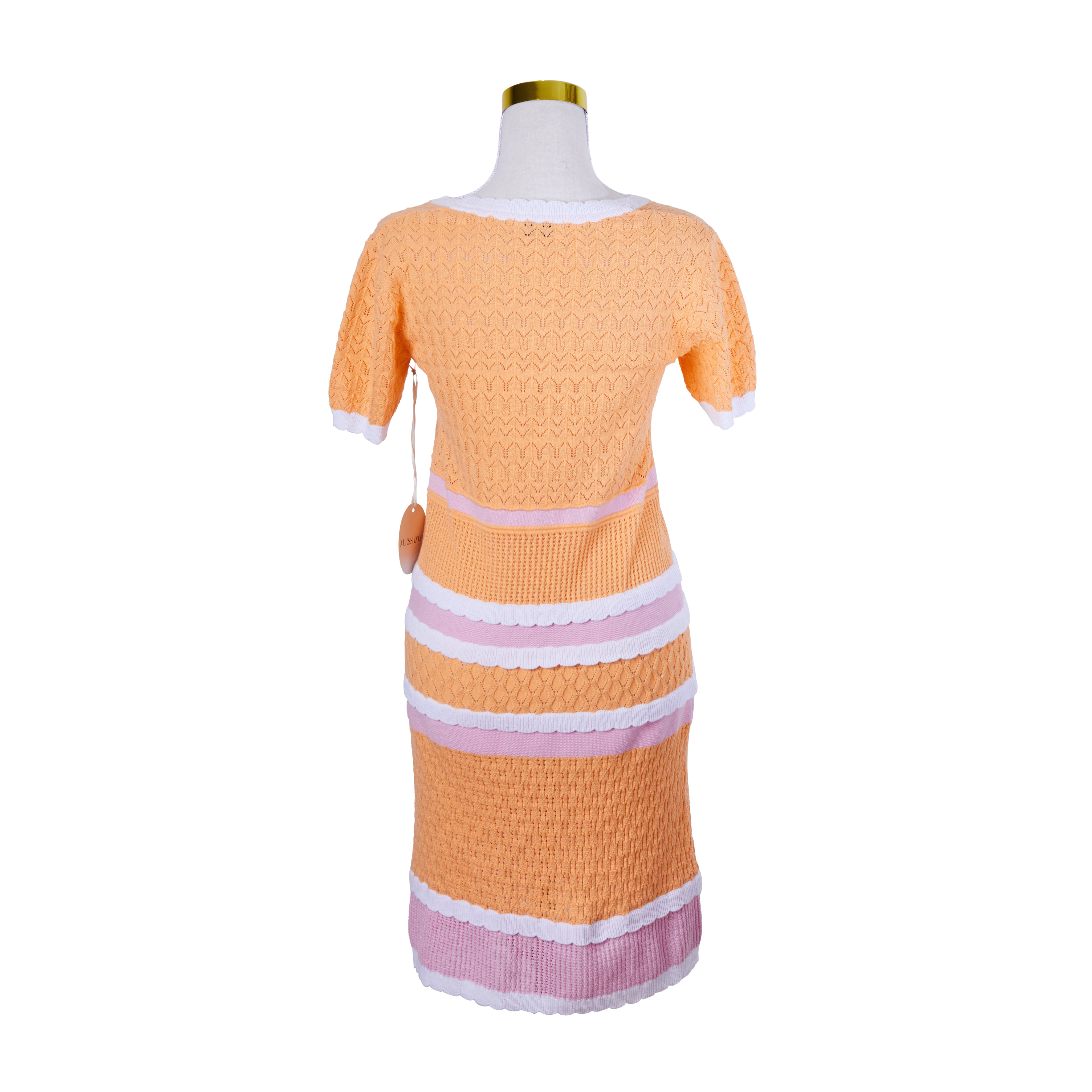 ALESSANDRA Orange Pink and White Knit Short Sleeve Midi Dress