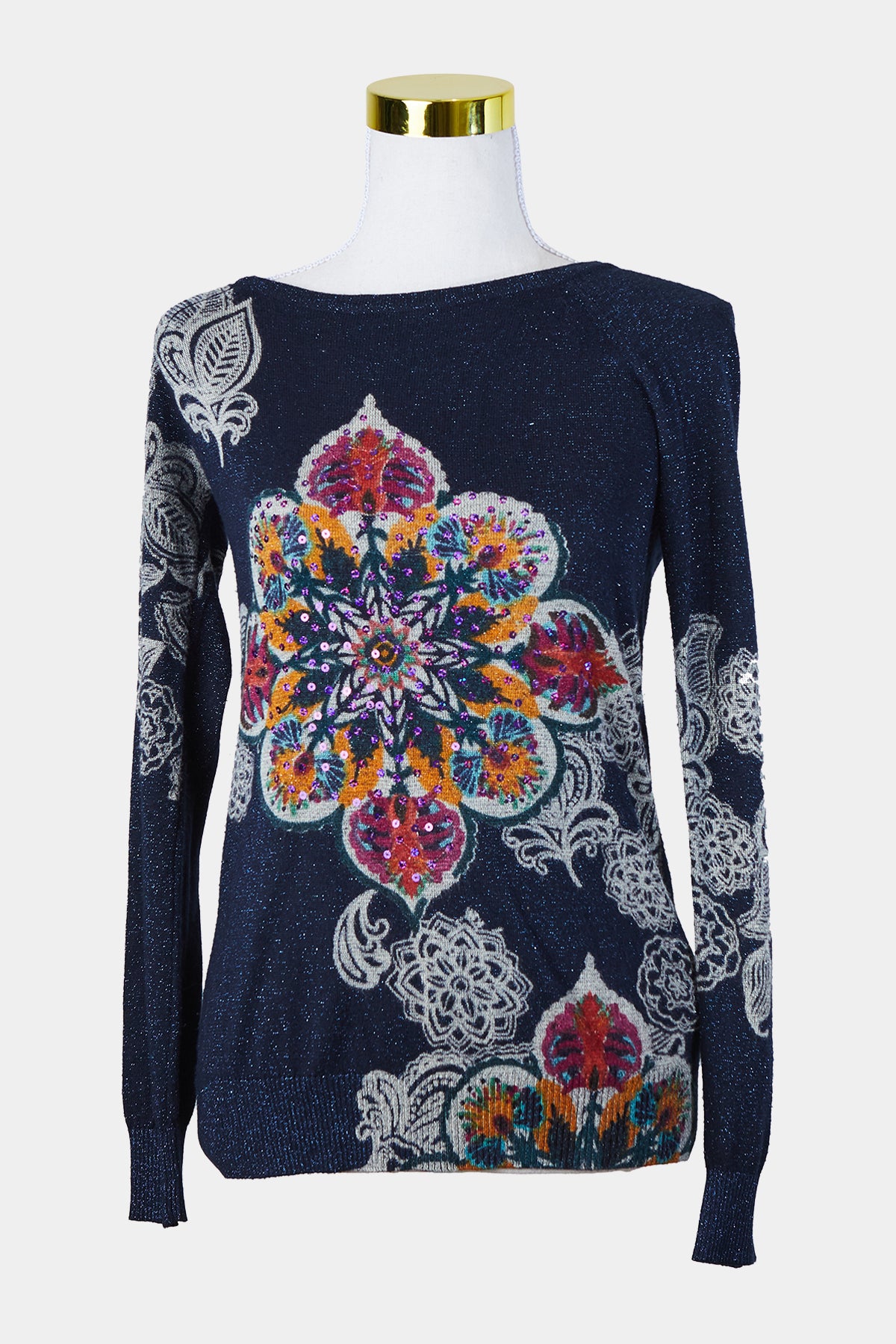 DESIGUAL Navy Floral Pattern Sparkle Knit Sweater