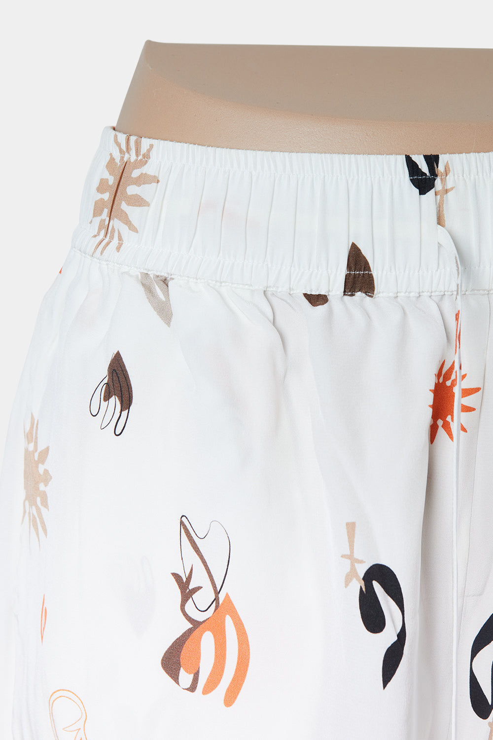 GINIA Off White, Brown Orange Print Drawstring Silk Shorts