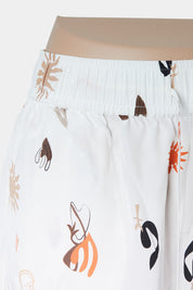 GINIA Off White, Brown Orange Print Drawstring Silk Shorts