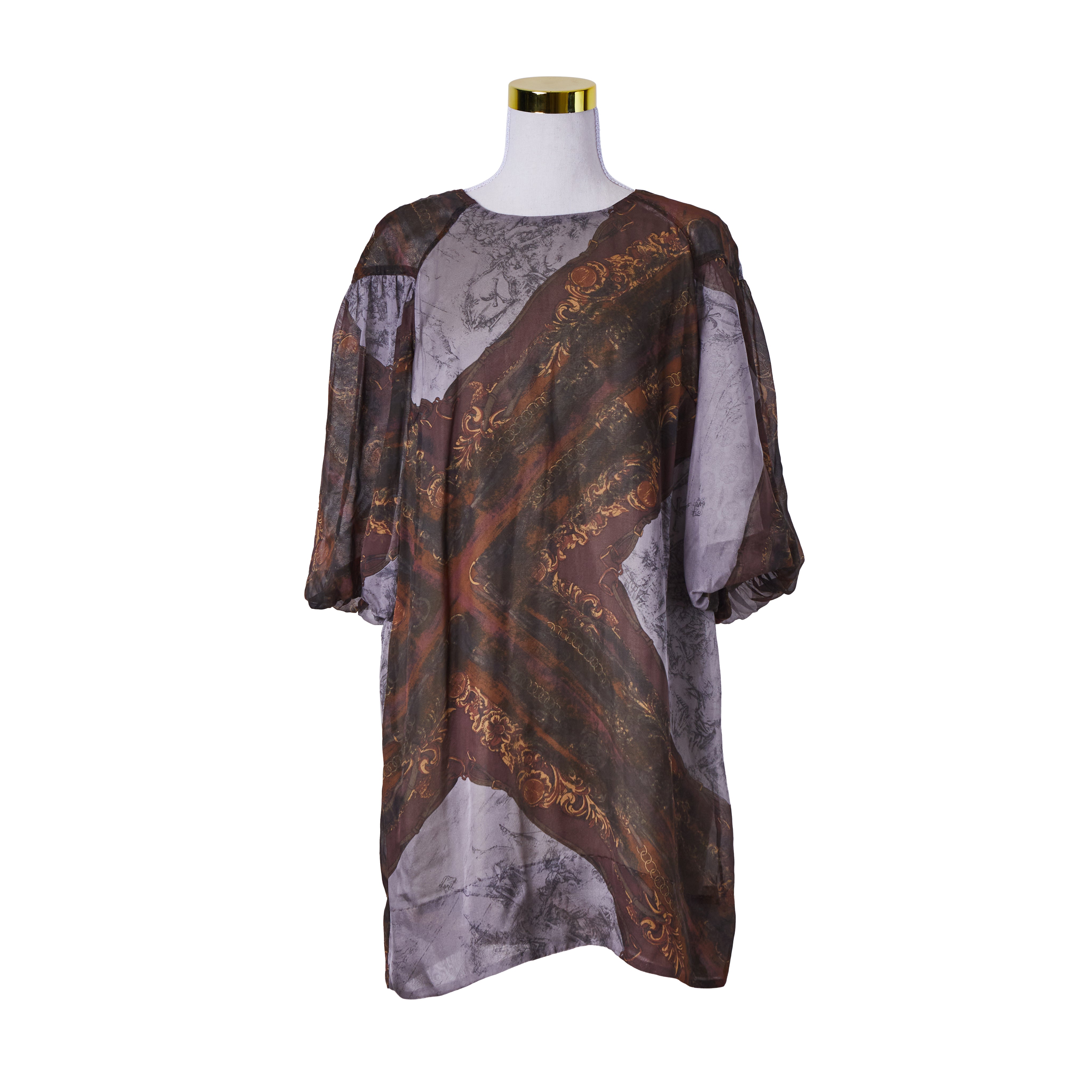 Hugo Boss Mauve and Brown Print Sheer Lined Silk T Shirt Dress