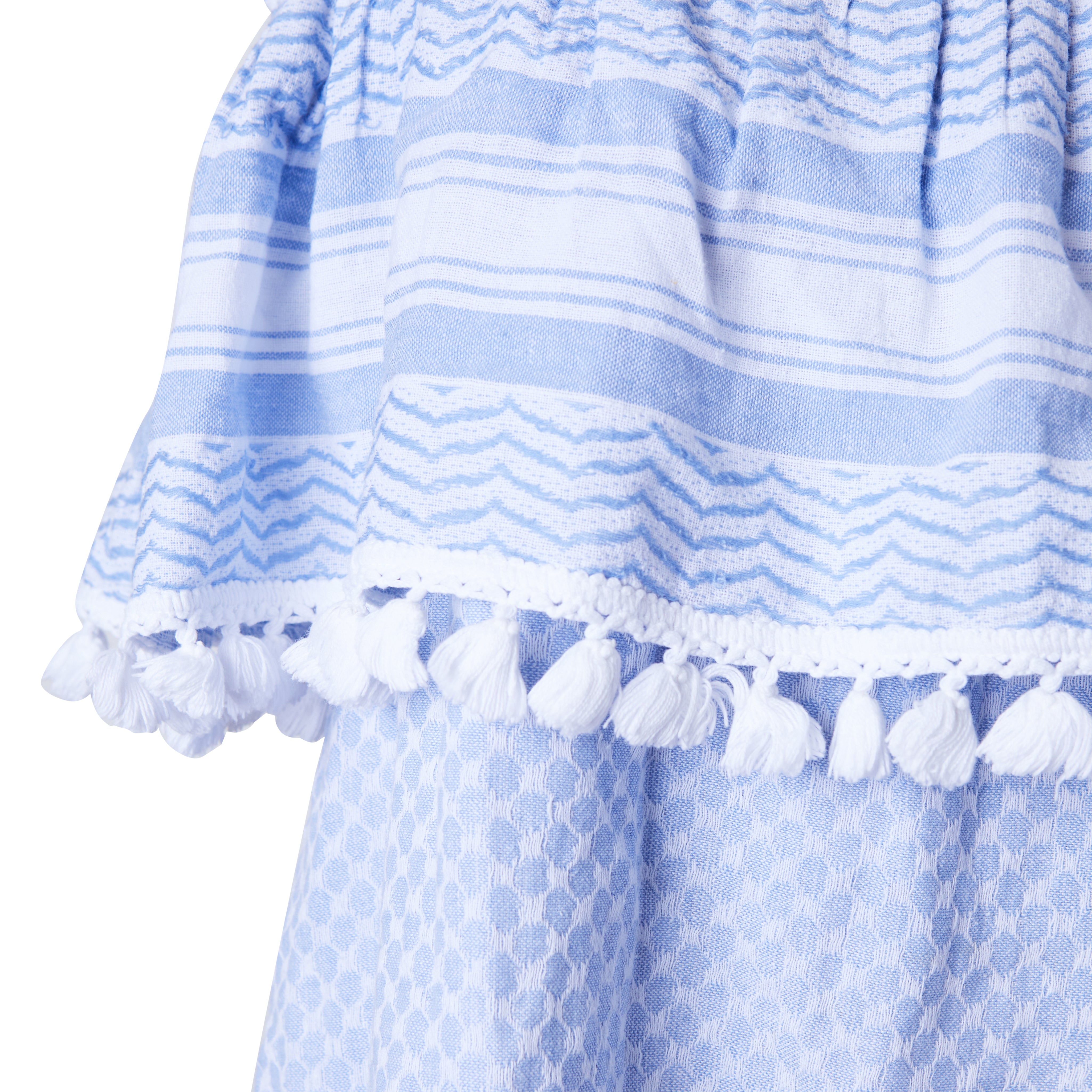 Seed Heritage Blue and White Off Shoulder Tassle Detail Top