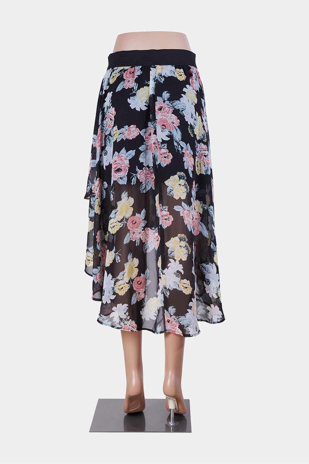GUESS Black and Floral Hi Lo Sheer Effect Midi Skirt