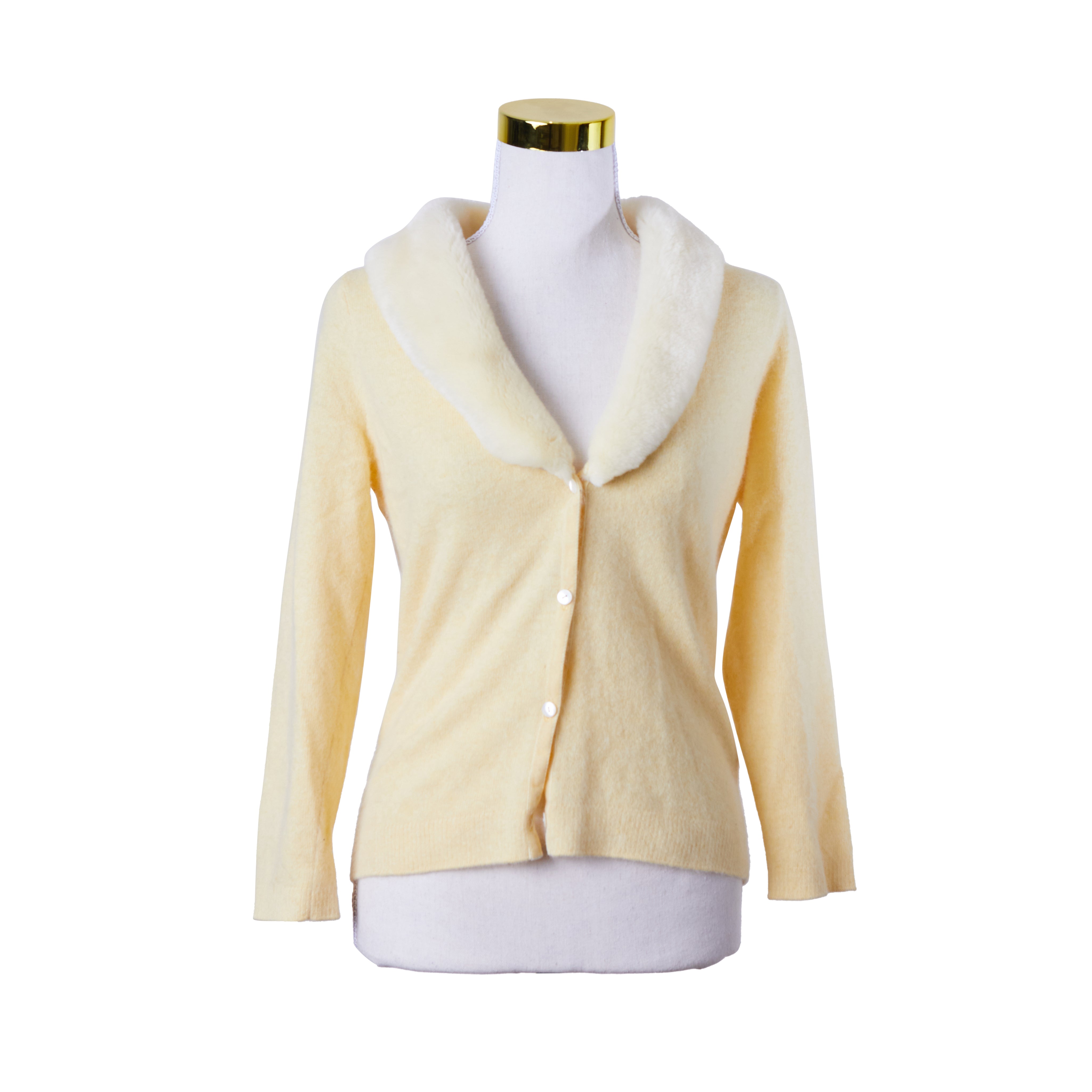 JESSICA Yellow Faux Fur Neck Knit Cardigan