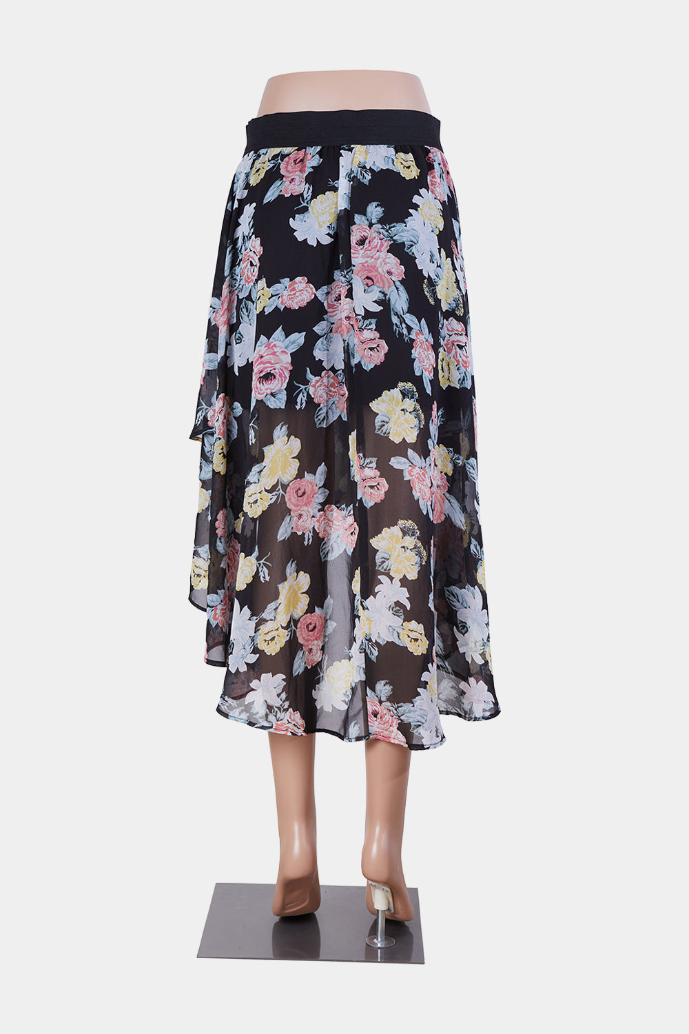 GUESS Black and Floral Hi Lo Sheer Effect Midi Skirt