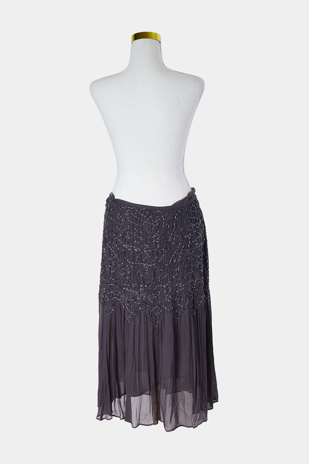 JACQUI-E Gunmental Bead Waist Silk Midi Skirt