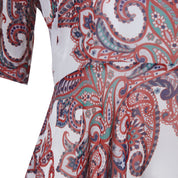 THURLEY Red, Whitie, Green, Blue Print Short Sleeve Sheer Dress with Built in Lining