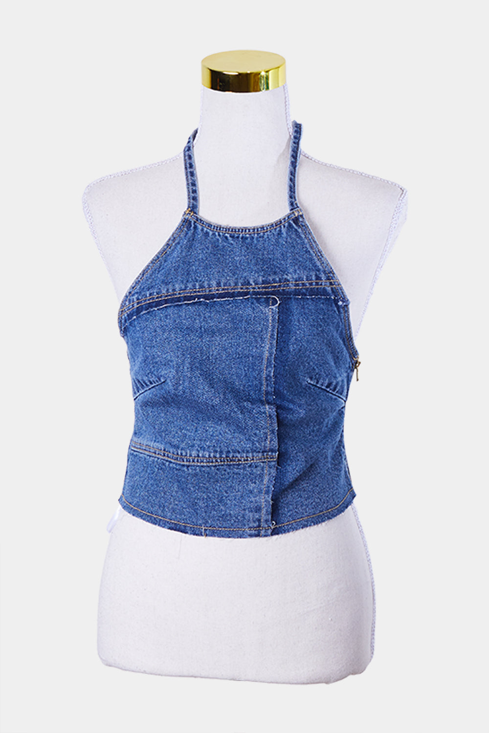 Abrand Jeans Blue Denim Patchwork Halter Crop Top