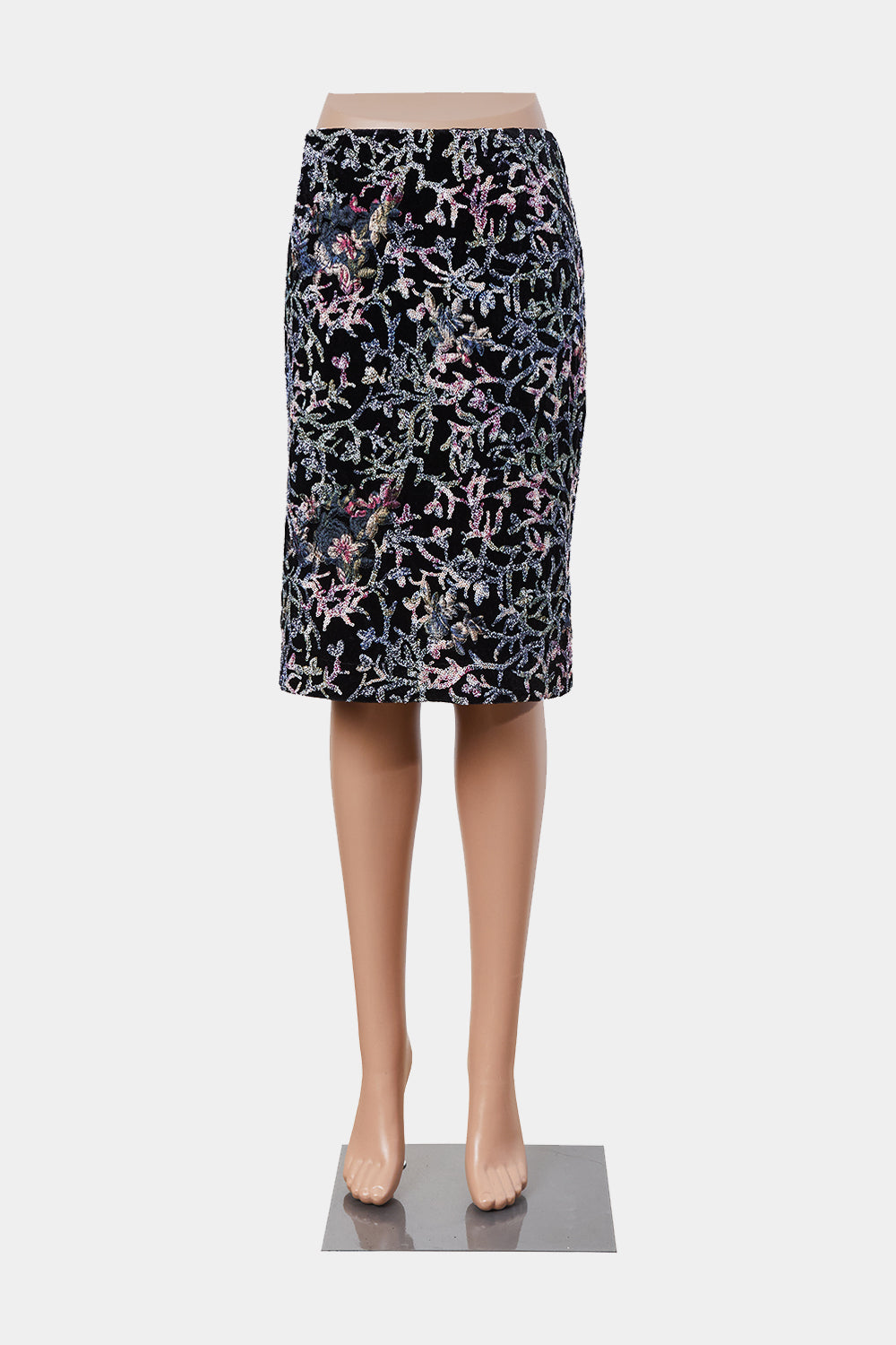 TAHARI Black and Multi Velvet Sequin Ebroidered Midi Skirt