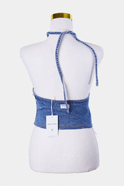 Abrand Jeans Blue Denim Patchwork Halter Crop Top