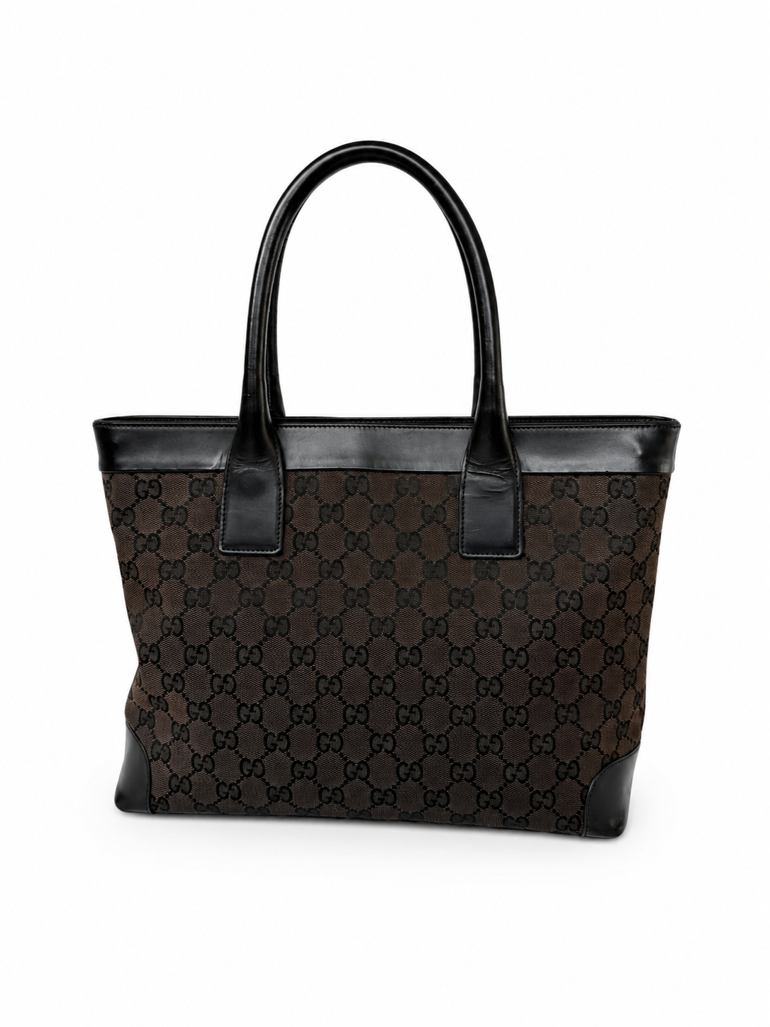 Gucci GG Tote Bag in Black Leather and Brown Canvas